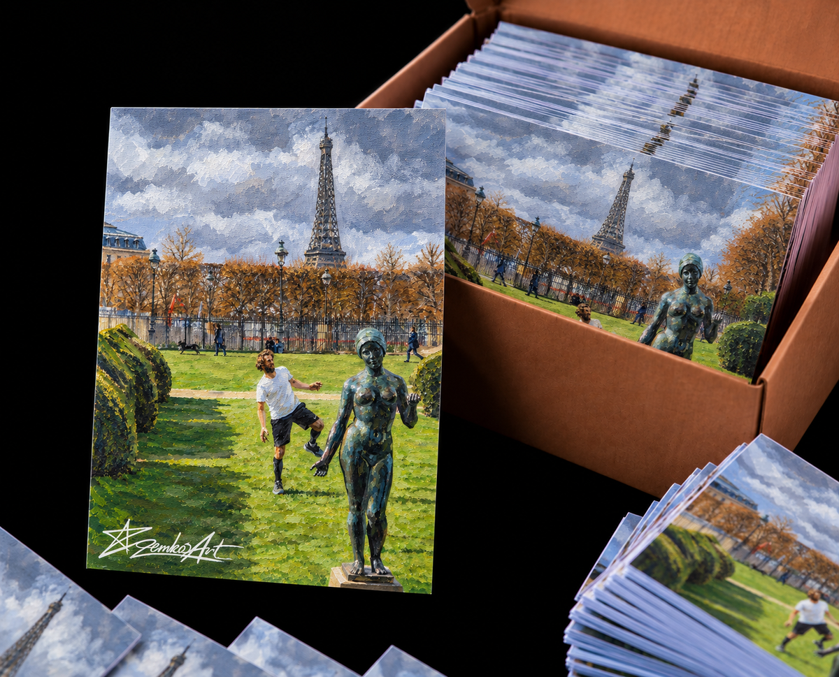 A Kick of Joy Beneath the Eiffel Tower – Set of 100 A6 Fine Art Postcards